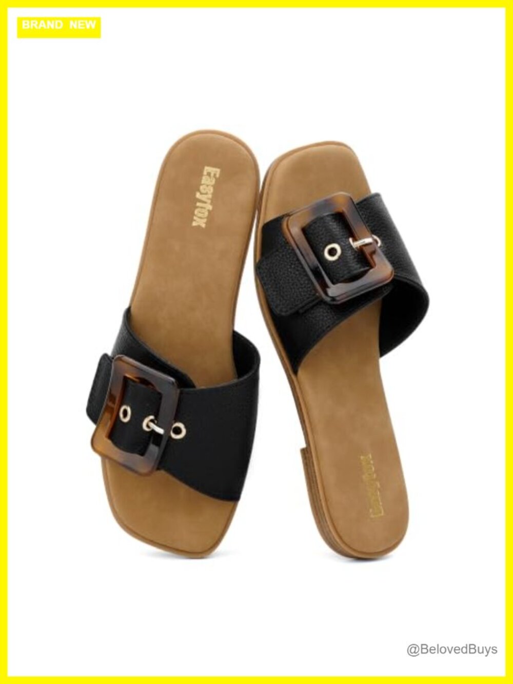 Women's Square Toe Slip On Slide Sandals with Faux Leather Straps
